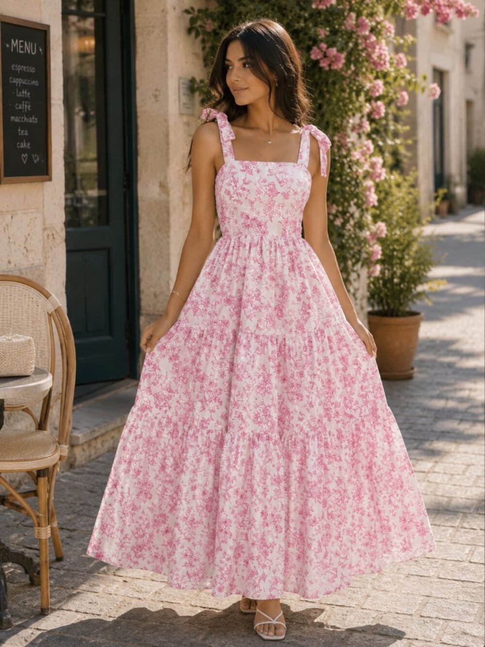 VeronaChic - Pink Floral Maxi Dress | Tie Shoulder Summer Sun Dress